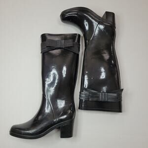 Kate Spade Black Rain Boots Glossy Rubber Tall Knee High Bow Tie Women’s Size 8